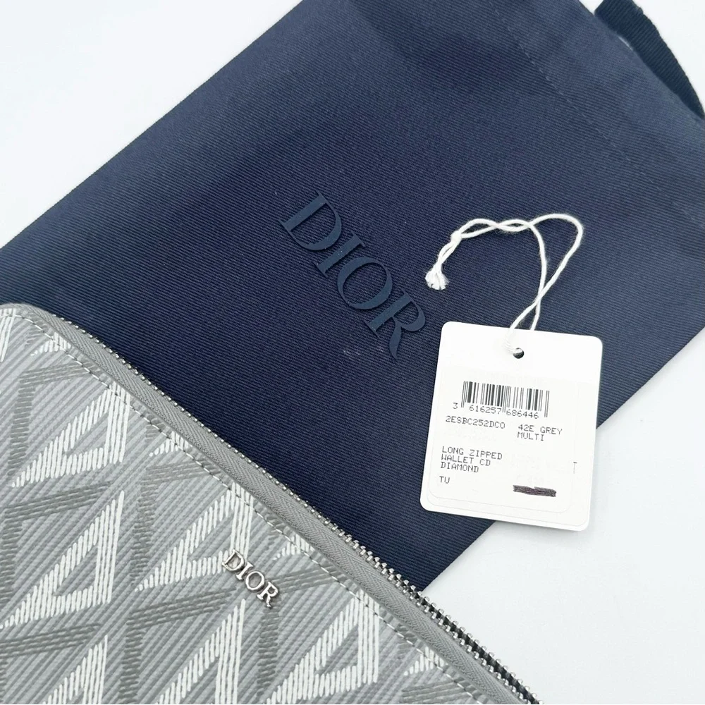 NEW Christian Dior CD Logo Diamond Grey Coated Canvas Long Zipped Wallet